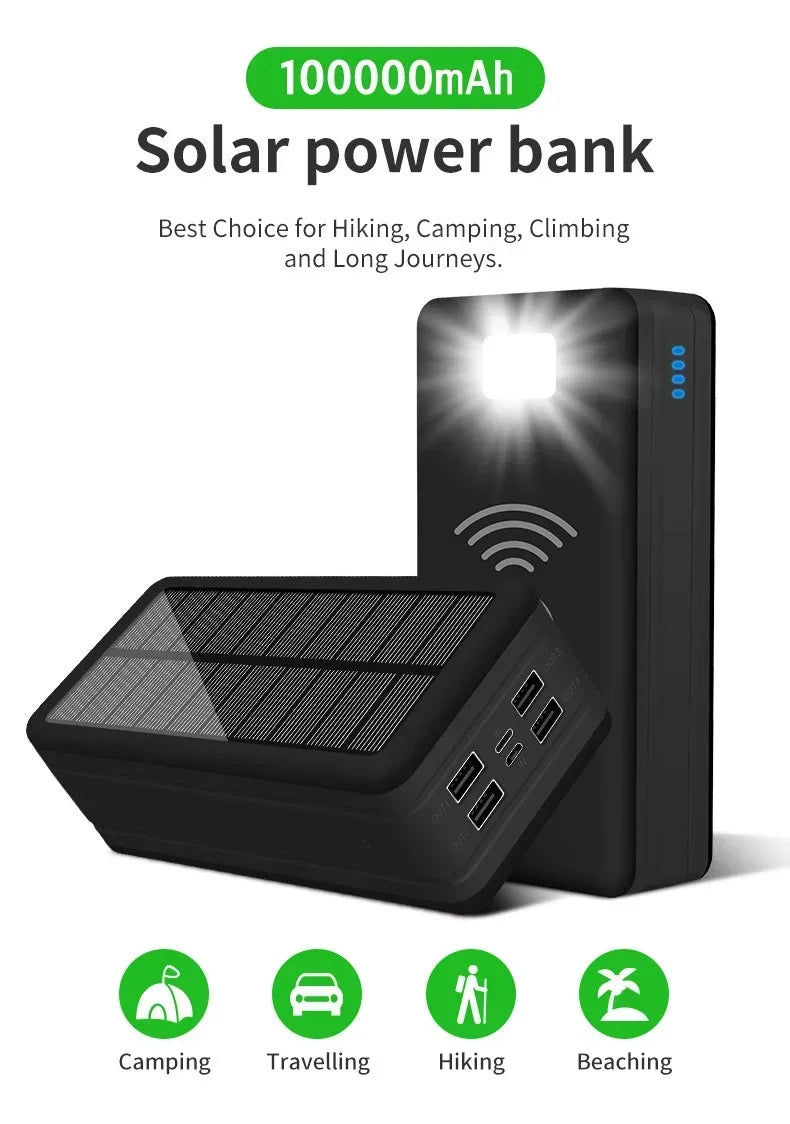 Cargador Solar portatil de 20.000-100.000mAh con Wireless y USB - Potencia Ecológica con 4 USB y Carga Inalámbrica.
