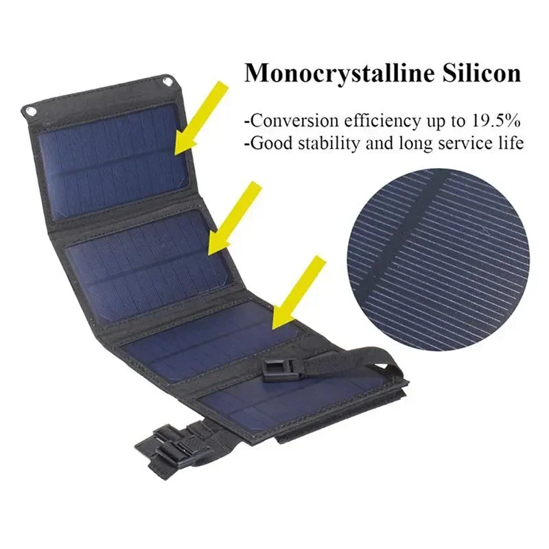 Panel Solar Portátil Plegable 40W/70W con Puertos USB 5V – Cargador Solar Resistente al Agua para Celulares y Accesorios de Camping.
