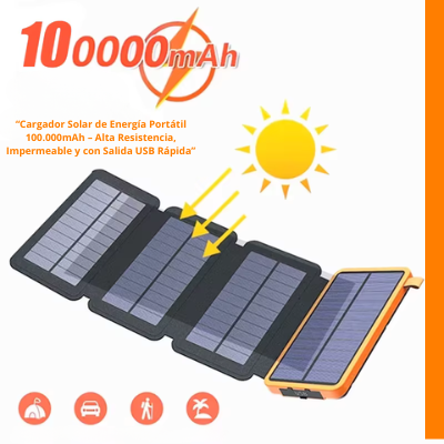 Cargador Solar de Energía Portátil 100.000mAh – Alta Resistencia, Impermeable y con Salida USB Rápida.