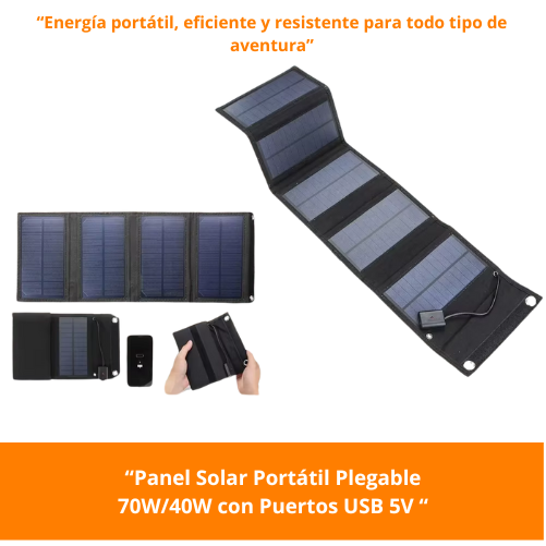 Panel Solar Portátil Plegable 40W/70W con Puertos USB 5V – Cargador Solar Resistente al Agua para Celulares y Accesorios de Camping.