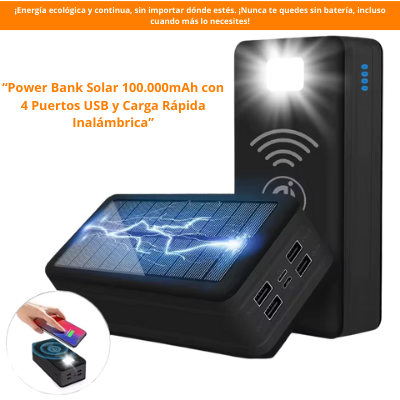 Cargador Solar portatil de  20.000-100.000mAh con Wireless y USB - Potencia Ecológica con 4 USB y Carga Inalámbrica.