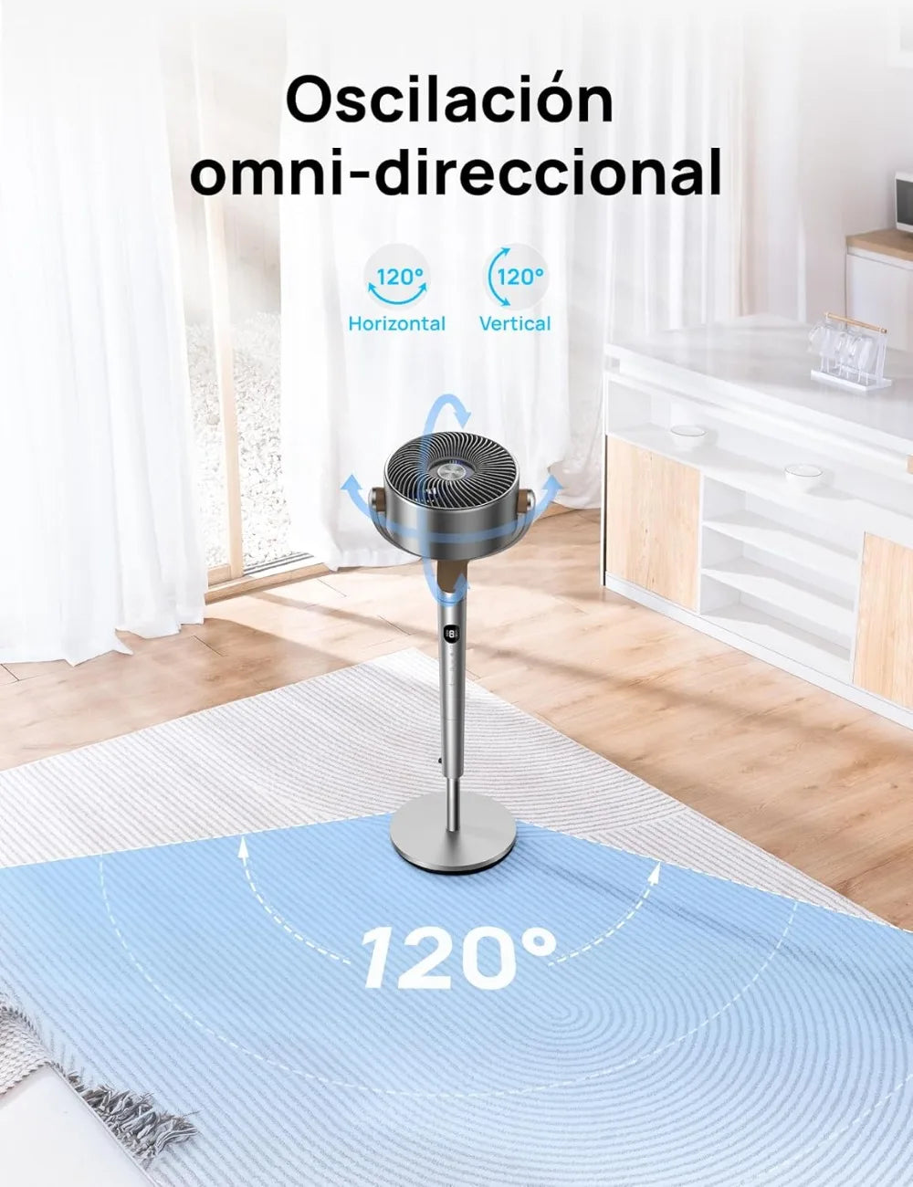 Ventilador de pie silencioso con Mando a Distancia – Caudal de 1200 m³/h, Cobertura de 24 m, Solo 23 dB, 3 Modos de Uso.